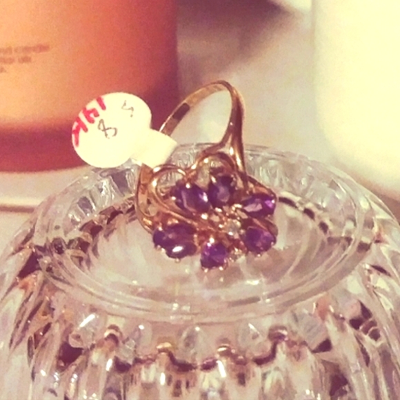 14K Yellow Gold Genuine Amethyst & Diamond Ring